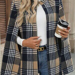 Multicolor Casual Women's Elegant Plaid Hooded Cloak Coat